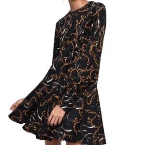 ZARA Chain Print Drop Waist Stretch Ruffle Long Sleeve Dress